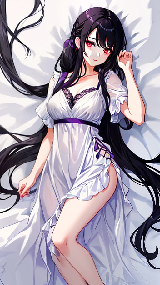  A young with youthful features, long black hair pulled back in two ponytails, and deep red eyes. She has a slender figure with natural proportions. She is wearing a light summer outfit: a dark purple knee length , loose fitting and slightly flared, made of light fabric with small lace at the edges. The is light purple in color, made of light and airy fabric, with a V neck and short sleeves with small ruffles. Makeup: light black eyeliner around the eyes, dark purple shadows and a light dark purple lip gloss. The lies on a white sheet, positioned horizontally, creating a feeling of coziness and comfort, with a gentle and caring expression on her face. Full length image. Top view, image for dakimakura, one character, lyi hyperrealistic, full body, detailed clothing, highly detailed, cinematic lighting, stunningly beautiful, intricate, sharp focus, f/1. 8, 85mm, (centered image composition), (professionally color graded), ((bright soft diffused light)), volumetric fog, trending on instagram, trending on tumblr, HDR 4K, 8K