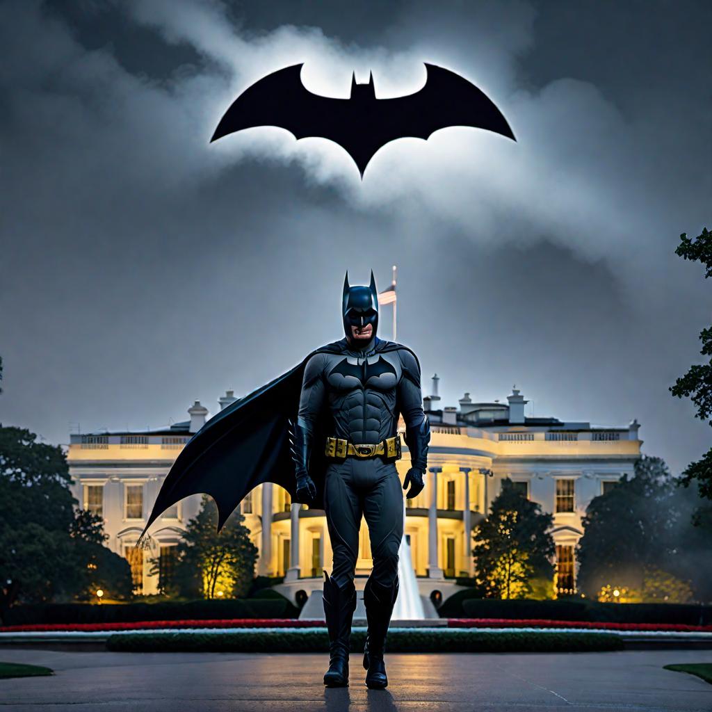  A night scene showing the Batman signal shining over the White House with the words 'GEN X' inside the signal. hyperrealistic, full body, detailed clothing, highly detailed, cinematic lighting, stunningly beautiful, intricate, sharp focus, f/1. 8, 85mm, (centered image composition), (professionally color graded), ((bright soft diffused light)), volumetric fog, trending on instagram, trending on tumblr, HDR 4K, 8K