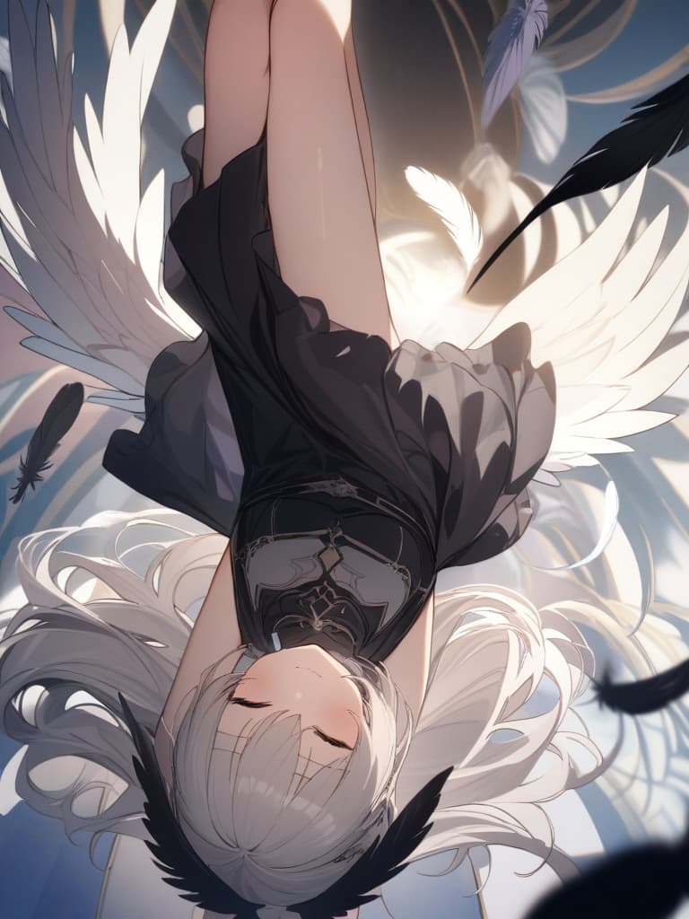  ultra detailed:1.2masterpiece:1.2,best quality,masterpiece,bestquality,hdr:1.1,8k:1.1,very cute girl:1.3,closed eyes:1.1,(cowboy shot:1.2),(girl angel wing:1.7),(girl evil wing:1.7),(angel halo:1.3),(falling sky:1.3),(feathers :1.3),(flip upside down:1.7),Fallon angle:1.4,from front:1.4,close mouth,sleep eyes :,closed legs:1.4,arms down:1.3, masterpiece, best quality,8k,ultra detailed,high resolution,an extremely delicate and beautiful,hyper detail