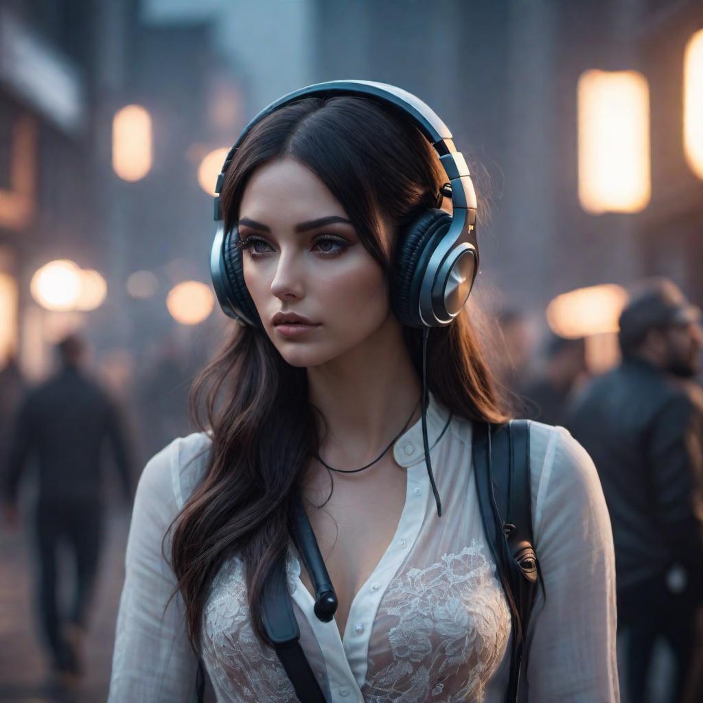  Hand drawn sketch of a sad girl with headphones, dark hair, artistic hyperrealistic, full body, detailed clothing, highly detailed, cinematic lighting, stunningly beautiful, intricate, sharp focus, f/1. 8, 85mm, (centered image composition), (professionally color graded), ((bright soft diffused light)), volumetric fog, trending on instagram, trending on tumblr, HDR 4K, 8K