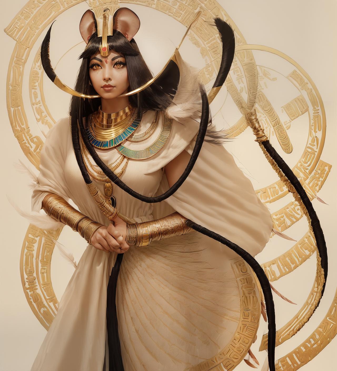  breathtaking (((Egypt Egyptian mouse ears heavy eyeshadow reeds papyrus jewelry necklace gauntlets ribbon feathers robe yoga bird of paradise ouroboros dress golden black hair 60’s bob scepter ruler linen))) . award winning, professional, highly detailed