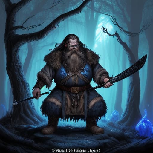  80's fantasy art, Grim and dark forest with twisted trees and glowing blue fungi. In the foreground, a dwarf with a long beard, fit for a god, holding a longsword and wooden shield. A wounded large wolf with matted fur and glowing eyes, trying to back away while showing signs of severe weakness. The dwarf looks menacing, contemplating capturing the wolf. The scene is dark, eerie, and filled with an ominous atmosphere.