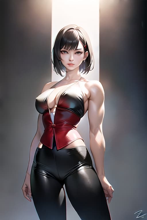  Black hair, berry short hair, beautiful woman, white dress shirt, red corset, black leather pants, muscles, always have Japanese swords, Be sure to draw from the head to the thigh, the background is outdoor, (Masterpiece, BestQuality:1.3), (ultra detailed:1.2), (hyperrealistic:1.3), (RAW photo:1.2),High detail RAW color photo, professional photograph, (Photorealistic:1.4), (realistic:1.4), ,professional lighting, (japanese), beautiful face, (realistic face)