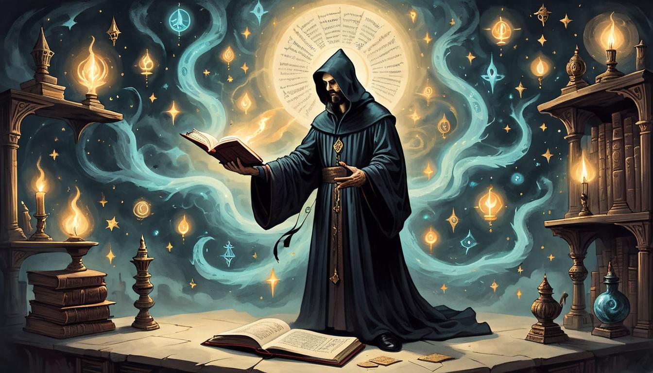  on parchment, surrealism+++, A figure in a dark robe, surrounded by floating, glowing symbols, reaching for a glowing book on a high shelf, represents an intense pursuit of knowledge, mystical and aspirational(mysterious, provocative, symbolic,muted color)+++