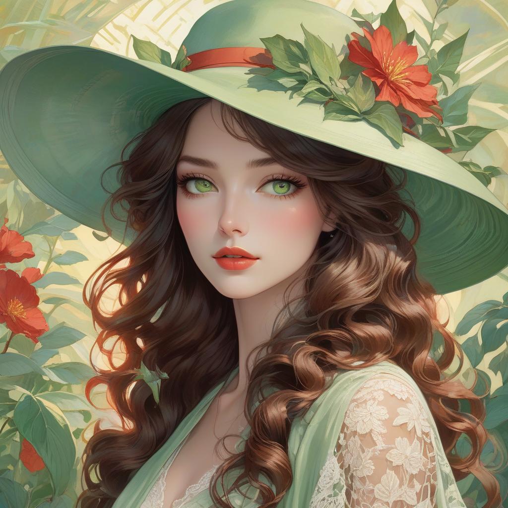  hyperrealistic art A digital artwork of a woman with green eyes, wavy hair, wearing a broad brimmed hat adorned with a flower, set against a colorful backdrop. Art deco masterpiece by legendary artists that include vlop, Victo Ngai, Annigoni, Milo Manara, Botticelli, Catrin Welz Stein, Jean Metzinger, Gustav Klimt, image of a young woman with a fair complexion and soft facial features. She has charming almond shaped hazel eyes and full lips that add to her serene expression. Her wavy, dark brown hair falls gracefully under a wide brimmed, light green hat decorated with intricate lace patterns and a delicate red flower. The background merges with her form in a dreamy watercolor blend of green, red and hints of yellow, suggesting a mix of flo hyperrealistic, full body, detailed clothing, highly detailed, cinematic lighting, stunningly beautiful, intricate, sharp focus, f/1. 8, 85mm, (centered image composition), (professionally color graded), ((bright soft diffused light)), volumetric fog, trending on instagram, trending on tumblr, HDR 4K, 8K