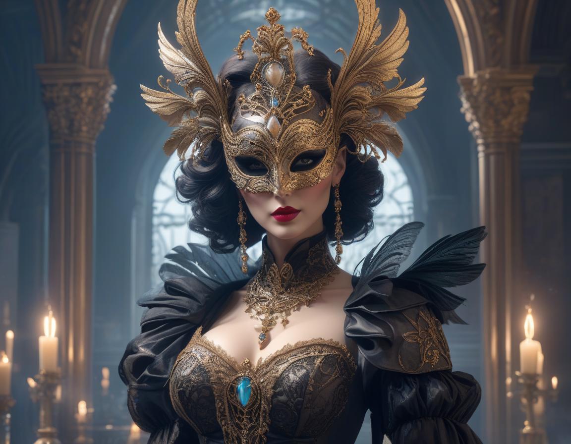  gothic style "Whimsical masquerade ball, with intricate, alluring, unique, creative masks and costumes" "head and shoulders portrait, 8k resolution concept art portrait by Greg Rutkowski, Artgerm, WLOP, Alphonse Mucha dynamic lighting hyperdetailed intricately detailed Splash art trending on Artstation triadic colors Unreal Engine 5 volumetric lighting" . dark, mysterious, haunting, dramatic, ornate, detailed hyperrealistic, full body, detailed clothing, highly detailed, cinematic lighting, stunningly beautiful, intricate, sharp focus, f/1. 8, 85mm, (centered image composition), (professionally color graded), ((bright soft diffused light)), volumetric fog, trending on instagram, trending on tumblr, HDR 4K, 8K