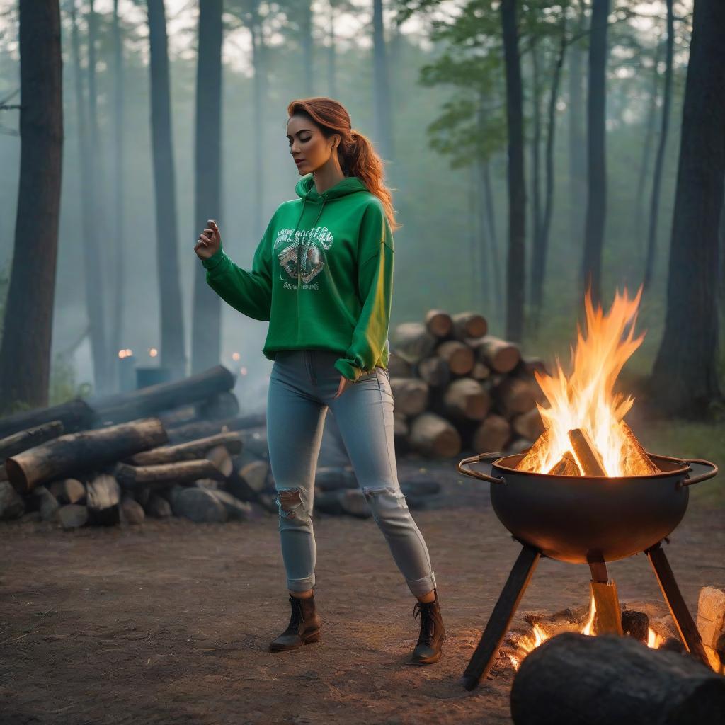  a woman dances with a tambourine by a campfire dressed in a green sweatshirt and jeans hyperrealistic, full body, detailed clothing, highly detailed, cinematic lighting, stunningly beautiful, intricate, sharp focus, f/1. 8, 85mm, (centered image composition), (professionally color graded), ((bright soft diffused light)), volumetric fog, trending on instagram, trending on tumblr, HDR 4K, 8K