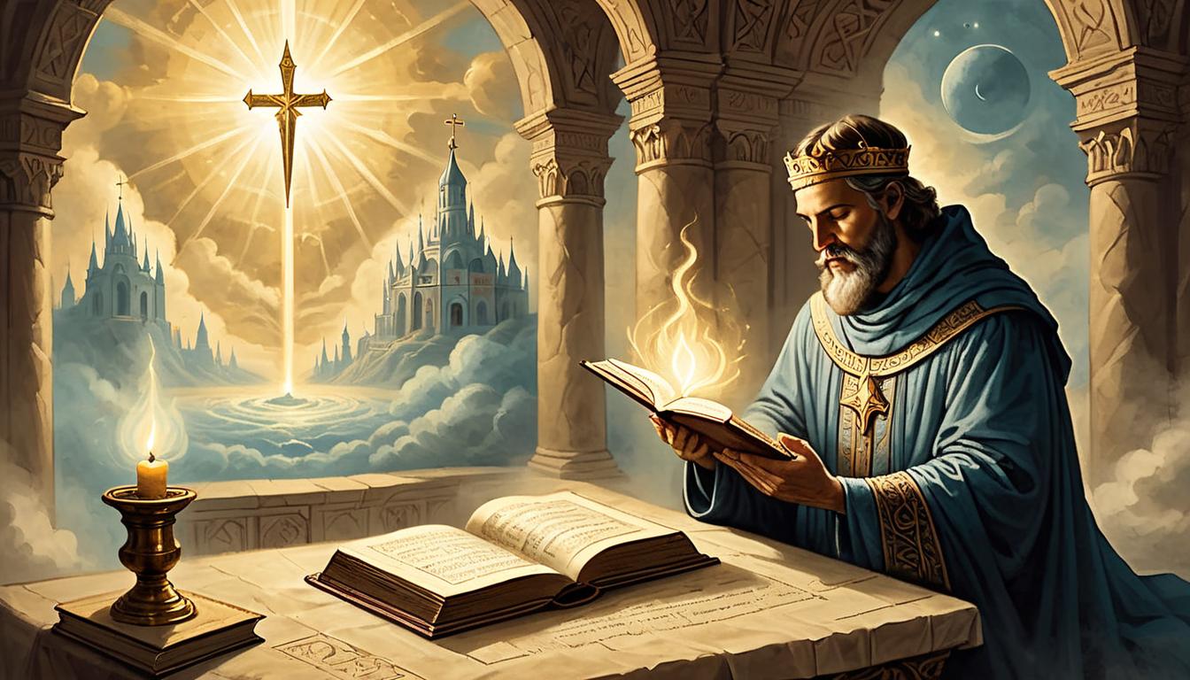  on parchment, surrealism+++, Individual reading a holy book, divine light streaming from the pages, focus and understanding in their eyes, atmosphere of revelation and guidance, meditative, enlightening(mysterious, provocative, symbolic,muted color)+++