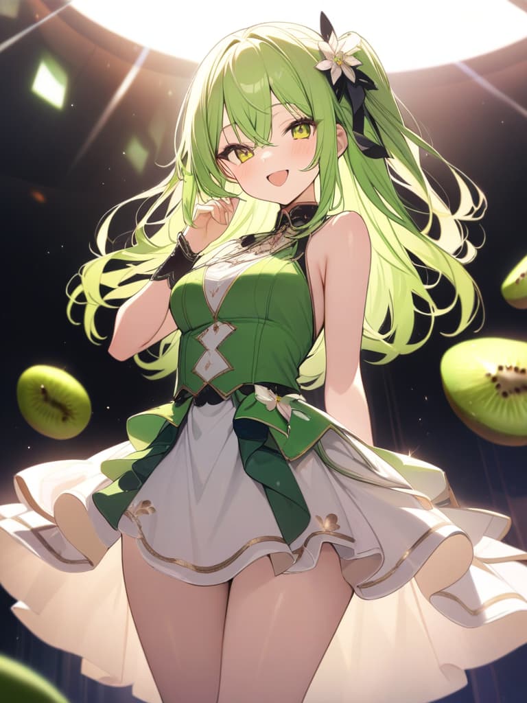  Cute, girl, long hair, thin body, kiwi fruit, kiwi decoration, yellow green eyes, yellow green hair, half twin tail, large eyes, idol, smiling, smiling, tongue, masterpiece, best quality,8k,ultra detailed,high resolution,an extremely delicate and beautiful,hyper detail