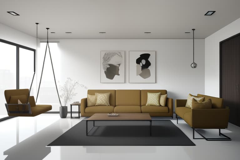  modern room, swing,sofa, wall frame, higly detailed