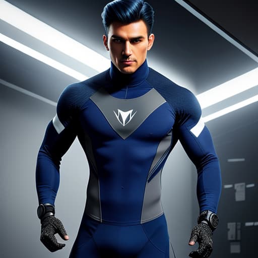  image of a 20 year boy wearing a dark blue skin tight secret agent costume with grey strips and howling wolf design hyperrealistic, full body, detailed clothing, highly detailed, cinematic lighting, stunningly beautiful, intricate, sharp focus, f/1. 8, 85mm, (centered image composition), (professionally color graded), ((bright soft diffused light)), volumetric fog, trending on instagram, trending on tumblr, HDR 4K, 8K