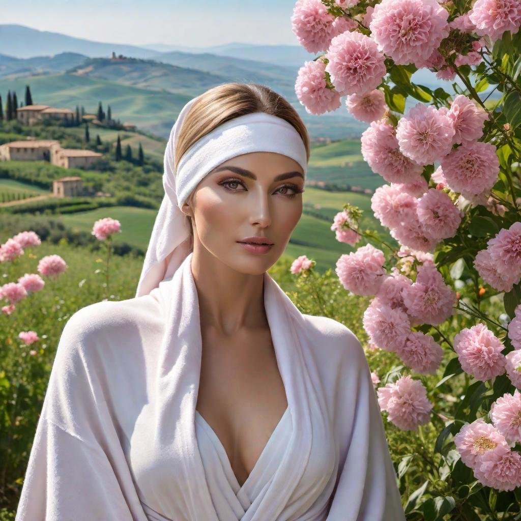  A serene woman in a zen-like state, with a white towel wrapped around her head and another around her body. She has a pink mud face mask on her face. She is surrounded by flowers and set against the picturesque backdrop of the rolling hills of Tuscany. hyperrealistic, full body, detailed clothing, highly detailed, cinematic lighting, stunningly beautiful, intricate, sharp focus, f/1. 8, 85mm, (centered image composition), (professionally color graded), ((bright soft diffused light)), volumetric fog, trending on instagram, trending on tumblr, HDR 4K, 8K