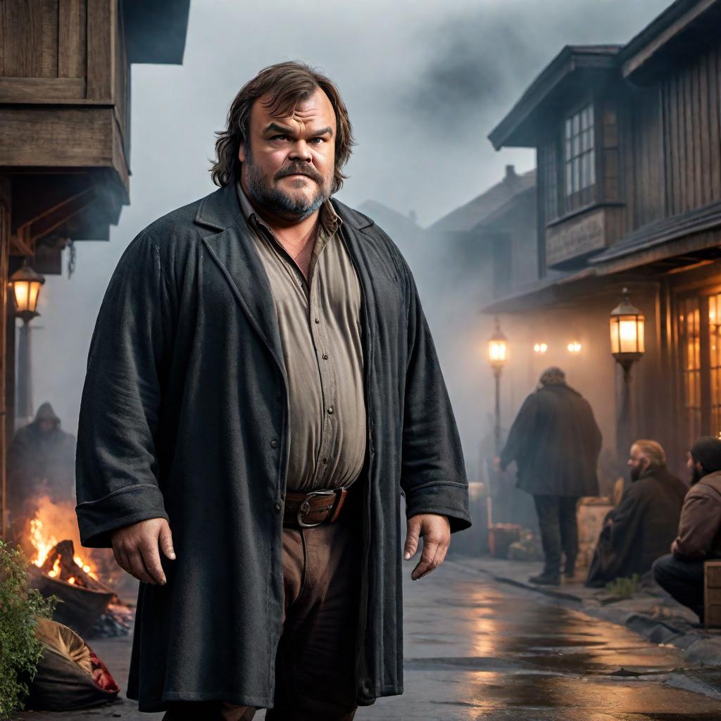  A photo of Jack Black, the actor and entertainer, looking toothless, old, fat, and homeless. Make it realistic and detailed. hyperrealistic, full body, detailed clothing, highly detailed, cinematic lighting, stunningly beautiful, intricate, sharp focus, f/1. 8, 85mm, (centered image composition), (professionally color graded), ((bright soft diffused light)), volumetric fog, trending on instagram, trending on tumblr, HDR 4K, 8K