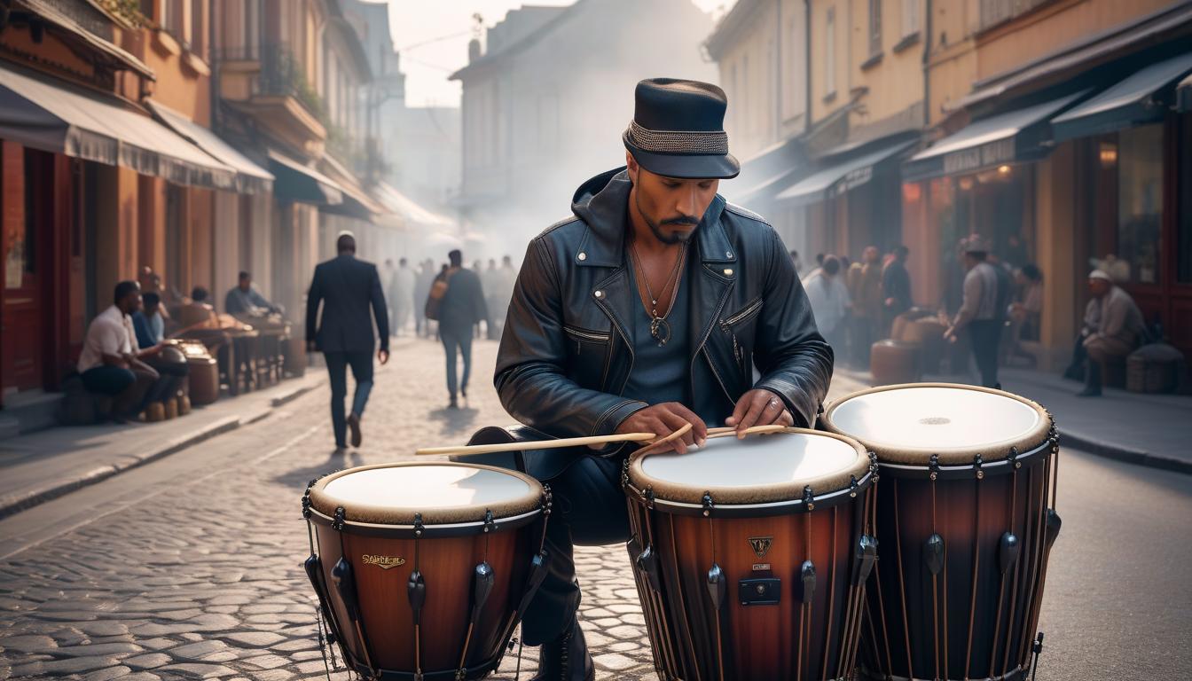  A street guitarist plays a big drum in the morning, only their hands are visible. hyperrealistic, full body, detailed clothing, highly detailed, cinematic lighting, stunningly beautiful, intricate, sharp focus, f/1. 8, 85mm, (centered image composition), (professionally color graded), ((bright soft diffused light)), volumetric fog, trending on instagram, trending on tumblr, HDR 4K, 8K