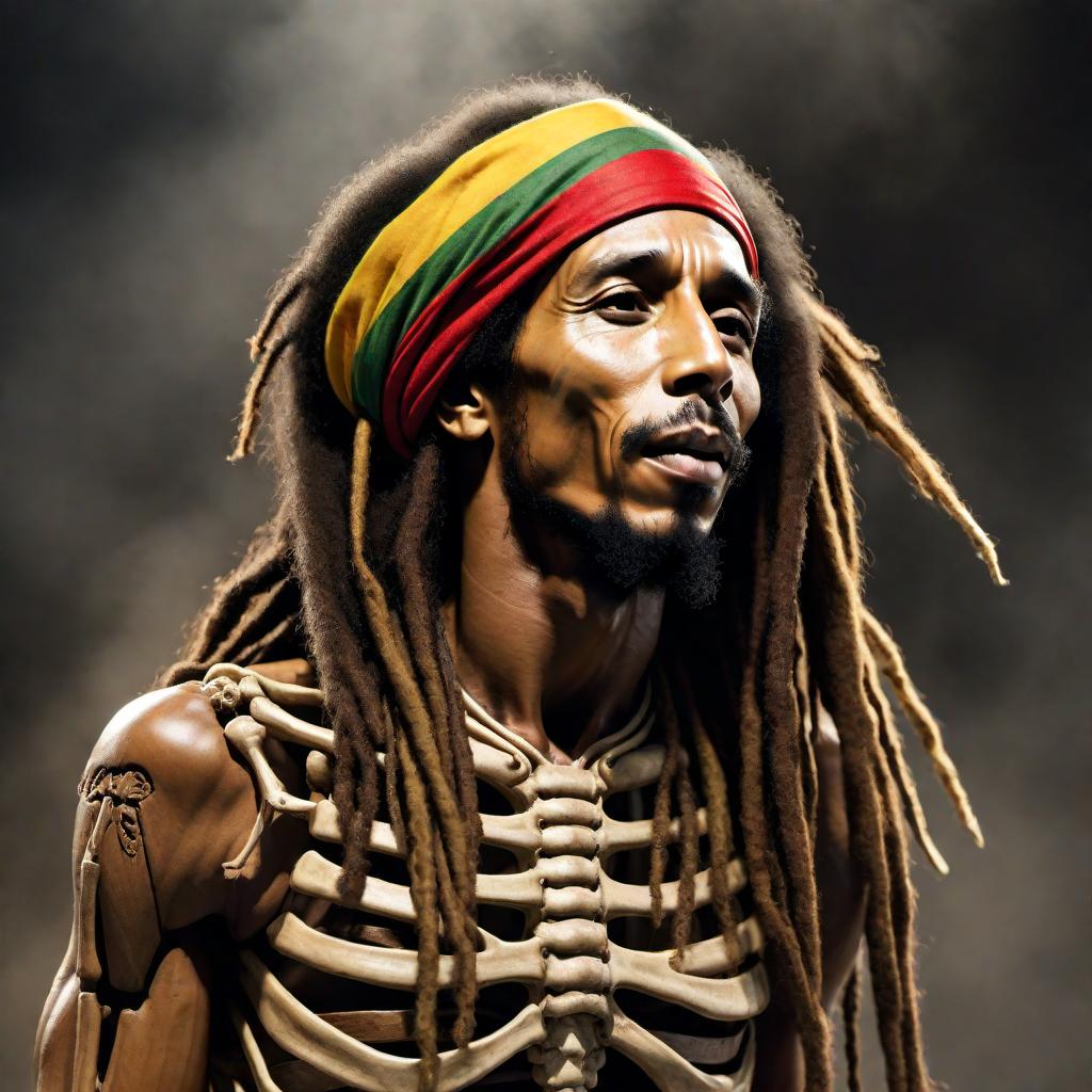  A realistic and artistic depiction of Bob Marley as a dead skeleton. Capture his iconic features and musical spirit, with elements that reflect his connection to Jamaica and Rastafarian culture. The image should be detailed and imaginative, evoking his legendary presence in a creative and respectful style. hyperrealistic, full body, detailed clothing, highly detailed, cinematic lighting, stunningly beautiful, intricate, sharp focus, f/1. 8, 85mm, (centered image composition), (professionally color graded), ((bright soft diffused light)), volumetric fog, trending on instagram, trending on tumblr, HDR 4K, 8K