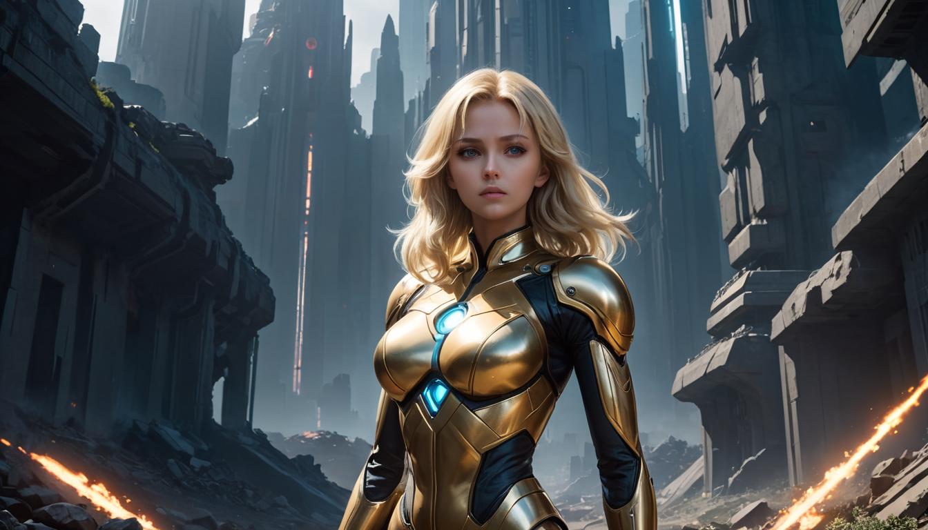  1girl, large busted attractive blonde arian female humanoid, standing on sacred ground, intense solemn expression, divine aura, high tech clothing clad in sleek, futuristic costume with metallic accents and form fitting designs, marvel superhero comics style, unreal engine rendering