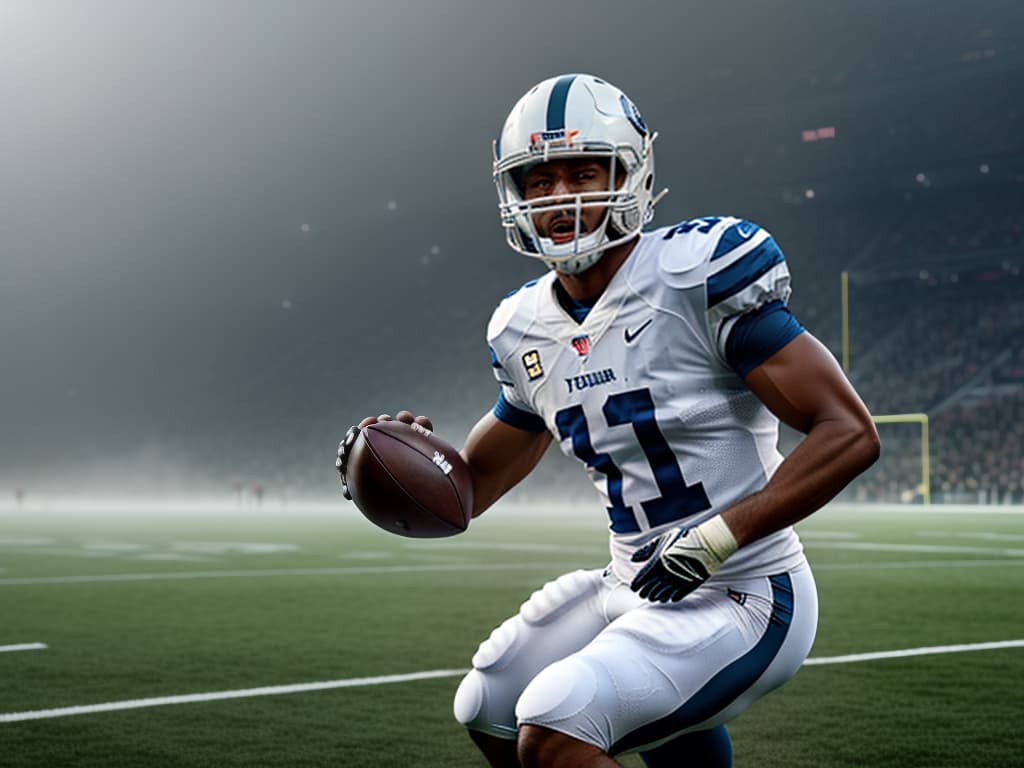  a football player hyperrealistic, full body, detailed clothing, highly detailed, cinematic lighting, stunningly beautiful, intricate, sharp focus, f/1. 8, 85mm, (centered image composition), (professionally color graded), ((bright soft diffused light)), volumetric fog, trending on instagram, trending on tumblr, HDR 4K, 8K