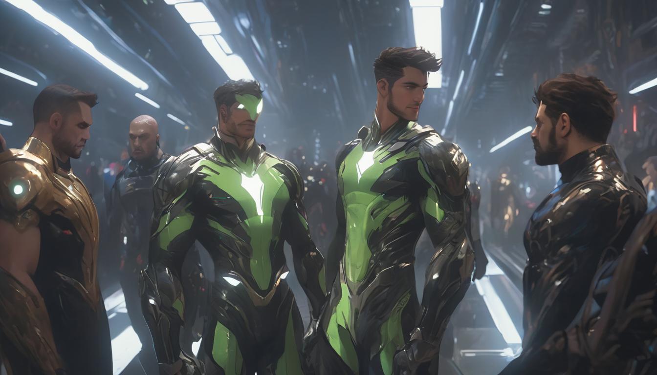  hyperrealism,fantasy aesthetic1man, handsome brunette arian male humanoid, interacting with friends, communal setting, joy and connection, high tech clothing clad in sleek, futuristic costume with metallic accents and form fitting designs, marvel superhero comics style, unreal engine rendering