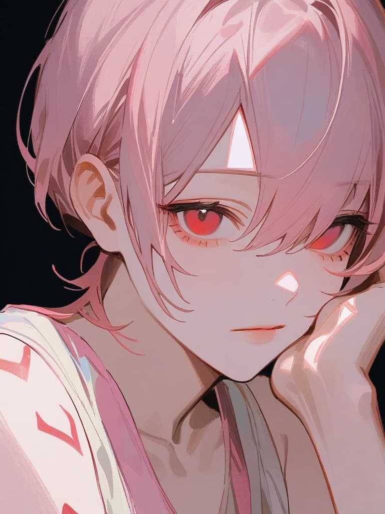  solo,1boy,androgynous,(expressionless,clear face:1.2),hand on cheek,pink hair,pink short bowl cut,red eye,body markings,tatoo,painterly,purple nails,long fingernails,face,face focus, masterpiece, best quality,8k,ultra detailed,high resolution,an extremely delicate and beautiful,hyper detail