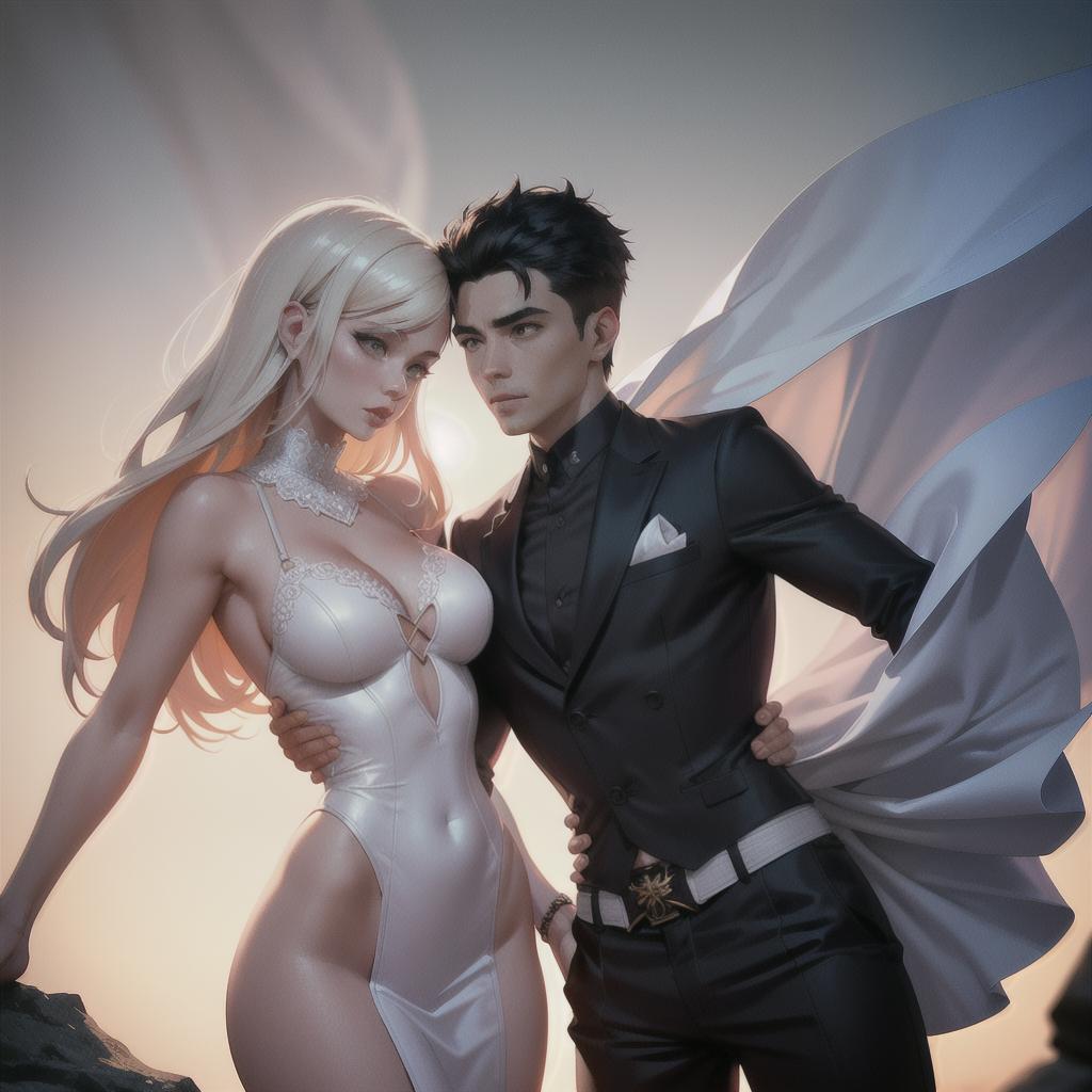  cartoon style man and woman couple hyperrealistic, full body, detailed clothing, highly detailed, cinematic lighting, stunningly beautiful, intricate, sharp focus, f/1. 8, 85mm, (centered image composition), (professionally color graded), ((bright soft diffused light)), volumetric fog, trending on instagram, trending on tumblr, HDR 4K, 8K