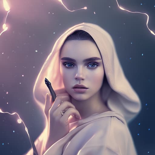 portrait+ style women, (masterpiece:1.2), (best quality:1.2), (very aesthetic:1.2), (absurdres:1.2), (detailed background),newest,cloak, holding lighted sword, women, weapon, hair over eyes, sword, hood, solo, holdin