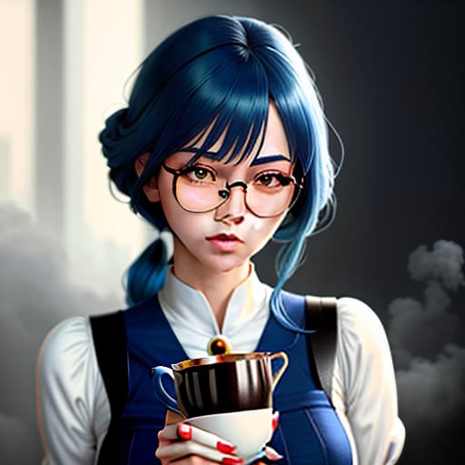  anime girl. with one old cup of tea, portrait mode, in blue colors, with round glasses, blue hair, casual style, carre hairstyle, blue sky on background,, Sketch, Manga Sketch, Pencil drawing, Black and White, Manga, Manga style, Low detail, Line art, vector art, Monochromatic, by katsuhiro otomo and masamune shirow and studio ghilibi and yukito kishiro hyperrealistic, full body, detailed clothing, highly detailed, cinematic lighting, stunningly beautiful, intricate, sharp focus, f/1. 8, 85mm, (centered image composition), (professionally color graded), ((bright soft diffused light)), volumetric fog, trending on instagram, trending on tumblr, HDR 4K, 8K