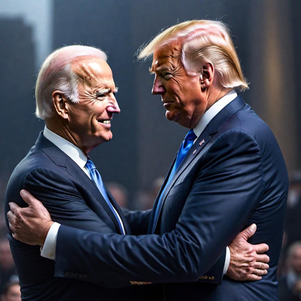  An image of Donald Trump and Joe Biden hugging in a friendly manner. hyperrealistic, full body, detailed clothing, highly detailed, cinematic lighting, stunningly beautiful, intricate, sharp focus, f/1. 8, 85mm, (centered image composition), (professionally color graded), ((bright soft diffused light)), volumetric fog, trending on instagram, trending on tumblr, HDR 4K, 8K