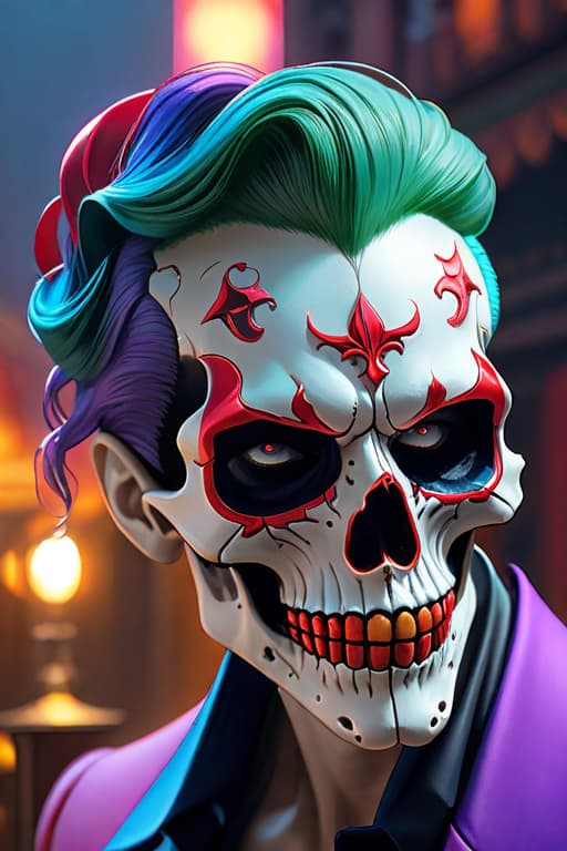  Hyper realistic art skull joker demon concept art portrait by Casey Weldon, Olga Kvasha, Miho Hirano, hyperdetailed intricately detailed gothic art trending on Artstation triadic colors Unreal Engine 5 detailed matte painting, deep color, fantastical, intricate detail, splash screen, complementary colors, fantasy concept art, 8k resolution, gothic DeviantArt masterpiece . Extremely high resolution details, photographic, realism pushed to extreme, fine texture, incredibly lifelike hyperrealistic, full body, detailed clothing, highly detailed, cinematic lighting, stunningly beautiful, intricate, sharp focus, f/1. 8, 85mm, (centered image composition), (professionally color graded), ((bright soft diffused light)), volumetric fog, trending on instagram, trending on tumblr, HDR 4K, 8K