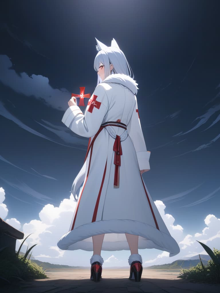  ((white fluffy werewolf only、anthropomorphic wolf only、1 man with the head of a wolf))、claw hands、from behind、looking back:1.2、(white trench coat with a red cross pattern on the back:1.2)、in dark night field、best quality:1.4、masterpiece:1.4、ultra detailed texture、RAW photorealistic、absurd resolution、8K illustration、💩、💩、💩、💩、💩、, masterpiece, best quality,8k,ultra detailed,high resolution,an extremely delicate and beautiful,hyper detail hyperrealistic, full body, detailed clothing, highly detailed, cinematic lighting, stunningly beautiful, intricate, sharp focus, f/1. 8, 85mm, (centered image composition), (professionally color graded), ((bright soft diffused light)), volumetric fog, trending on instagram, trending on tumblr, HDR 4K, 8K