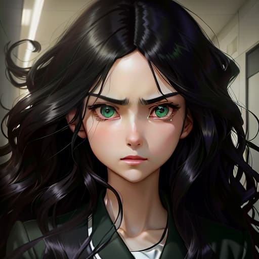  beautiful , , green eyes, long black wavy hair, slender figure, small neat s, dressed in a black dress with a white collar and white cuffs, full length, against the backdrop of a corridor., Manga big eyes expressive faces colorful hair Hayao Miyazaki Masashi Kishimoto Makoto Shinkai CLAMP Yoshiyuki Sadamoto hyperrealistic, full body, detailed clothing, highly detailed, cinematic lighting, stunningly beautiful, intricate, sharp focus, f/1. 8, 85mm, (centered image composition), (professionally color graded), ((bright soft diffused light)), volumetric fog, trending on instagram, trending on tumblr, HDR 4K, 8K