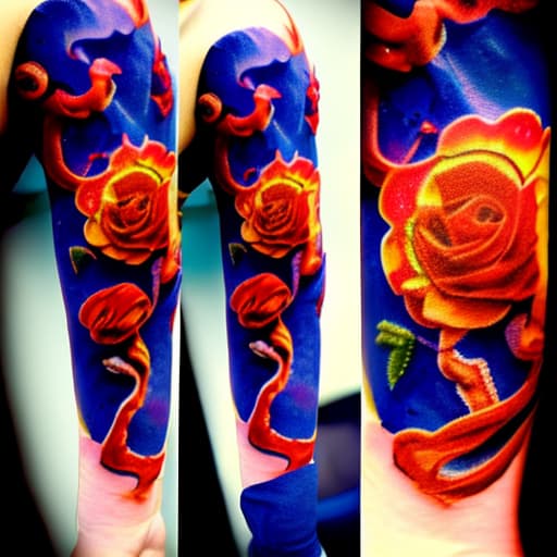 wa-vy style Arm tattoo of Various bright red orange and blue flowers growing along a vine steampunk style