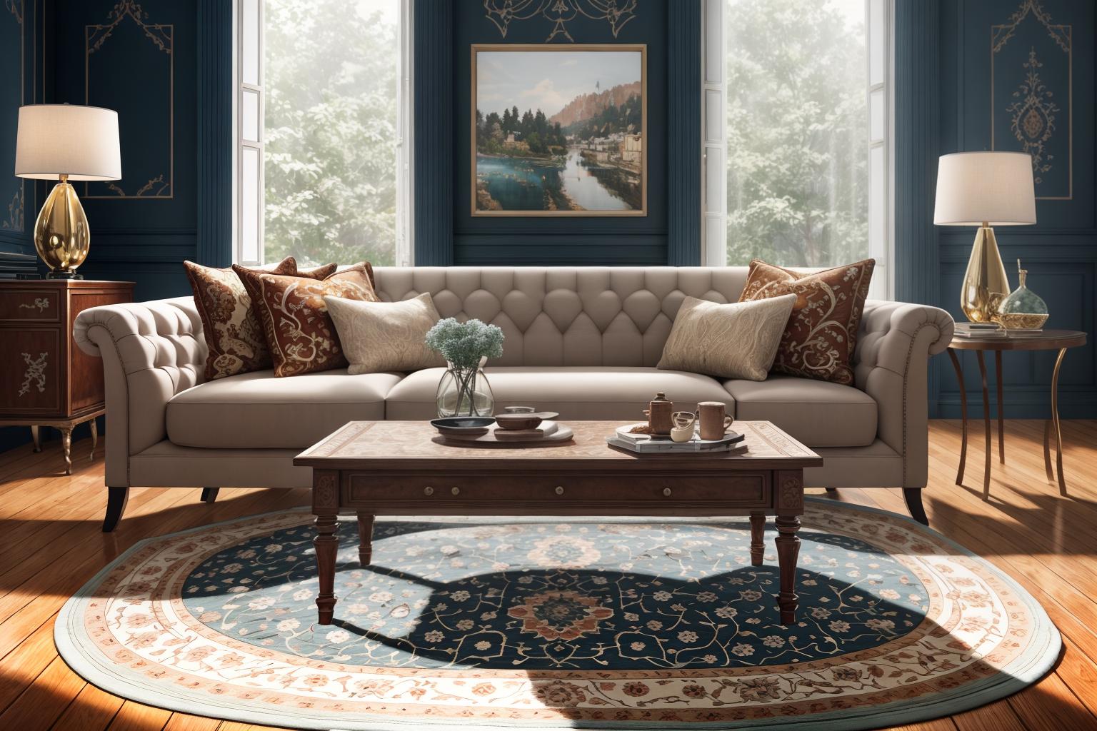  "Closeup of a luxurious, intricately patterned area rug with rich, vibrant colors and detailed textures. The rug is laid out on a polished wooden floor, with soft, natural light streaming in from a nearby window, highlighting the fine details and craftsmanship. The background is a cozy, elegantly furnished living room with neutral tones, ensuring the rug remains the focal point. The image is highly realistic, with a warm and inviting mood, perfect for enticing potential buyers. Style modifiers: ultra realistic, high quality, detailed, cozy, inviting."Ensure no face,leg,hand or eye defomities.Ensure all images are clear, detailed, contains no text and no deformities. realistic, highly detailed, photorealistic, cinematic lighting, intricate,  hyperrealistic, full body, detailed clothing, highly detailed, cinematic lighting, stunningly beautiful, intricate, sharp focus, f/1. 8, 85mm, (centered image composition), (professionally color graded), ((bright soft diffused light)), volumetric fog, trending on instagram, trending on tumblr, HDR 4K, 8K