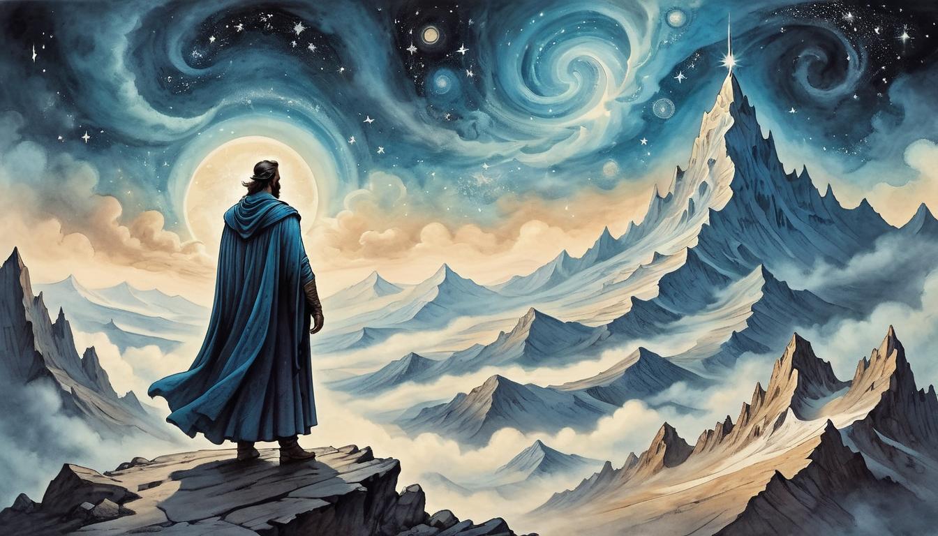  on parchment, surrealism+++, Figure standing on a lonely mountain peak, robed in ethereal garments, cosmic winds blowing, stars swirling in the sky, sense of destiny, cosmic significance(mysterious, provocative, symbolic,muted color)+++