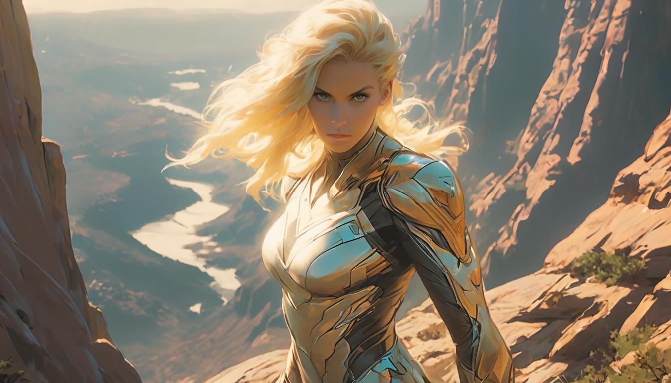  hyperrealism,fantasy aesthetic1woman, large busted attractive blonde arian female humanoid, standing on cliff edge, overlooking Earth, ripple effect emanating from her, high tech clothing clad in sleek, futuristic costume with metallic accents and form fitting designs, marvel superhero comics style, unreal engine rendering