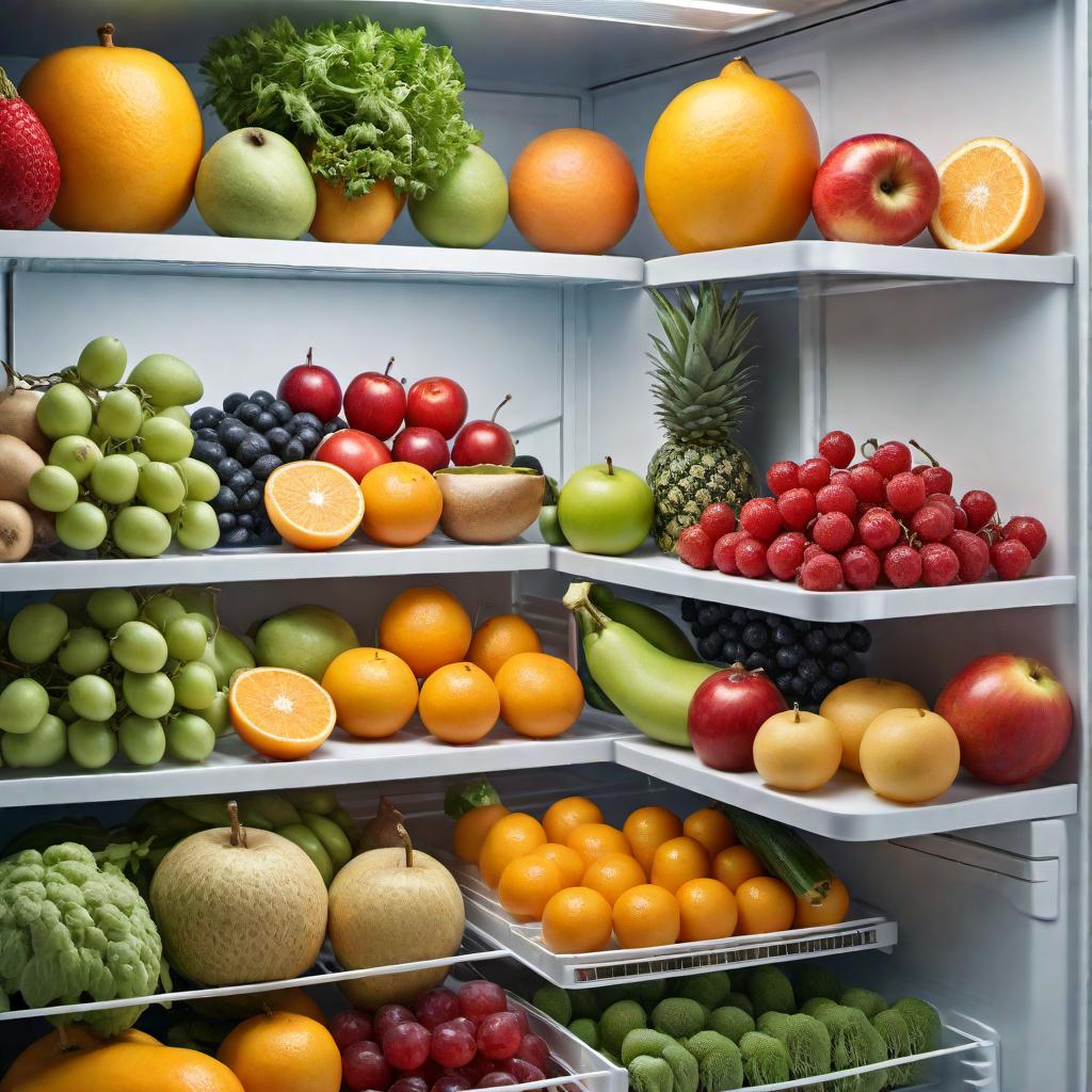  A colorful and organized refrigerator filled with various types of fruits, vegetables, dairy products, and beverages neatly arranged on different shelves. The fridge should look clean and well-stocked. hyperrealistic, full body, detailed clothing, highly detailed, cinematic lighting, stunningly beautiful, intricate, sharp focus, f/1. 8, 85mm, (centered image composition), (professionally color graded), ((bright soft diffused light)), volumetric fog, trending on instagram, trending on tumblr, HDR 4K, 8K