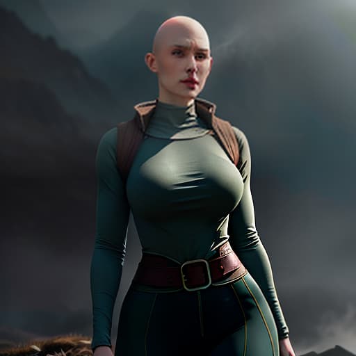  A good young with fair haired curls, broad shoulders, very tall and muscular, a woman with a bald head and scars. A woman dressed in hiking clothes: pants, t shirt in a fantasy world of the Middle Ages., slate atmosphere, cinematic, dimmed colors, dark shot, muted colors, film grainy, lut, spooky hyperrealistic, full body, detailed clothing, highly detailed, cinematic lighting, stunningly beautiful, intricate, sharp focus, f/1. 8, 85mm, (centered image composition), (professionally color graded), ((bright soft diffused light)), volumetric fog, trending on instagram, trending on tumblr, HDR 4K, 8K