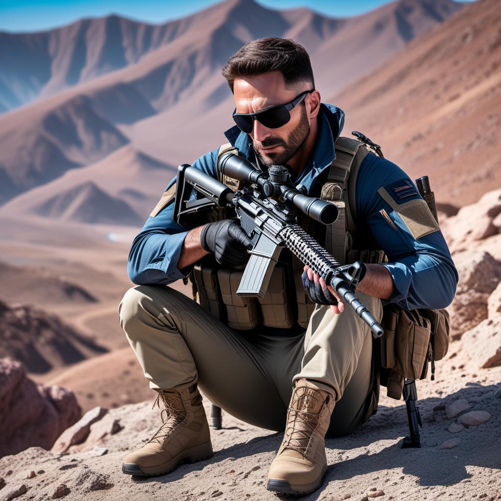  A sniper laying prone in the mountains with a sleek, modern black sniper rifle. The sky is a vibrant mix of pink and blue. The sniper is dressed in all black: uniform, helmet, gloves, and boots. Beside the sniper lays a K9 dog, also in tactical gear. The scene captures the rugged mountain terrain, the surreal atmosphere of the pink and blue sky, and the sharp focus and readiness of both the sniper and the K9. hyperrealistic, full body, detailed clothing, highly detailed, cinematic lighting, stunningly beautiful, intricate, sharp focus, f/1. 8, 85mm, (centered image composition), (professionally color graded), ((bright soft diffused light)), volumetric fog, trending on instagram, trending on tumblr, HDR 4K, 8K