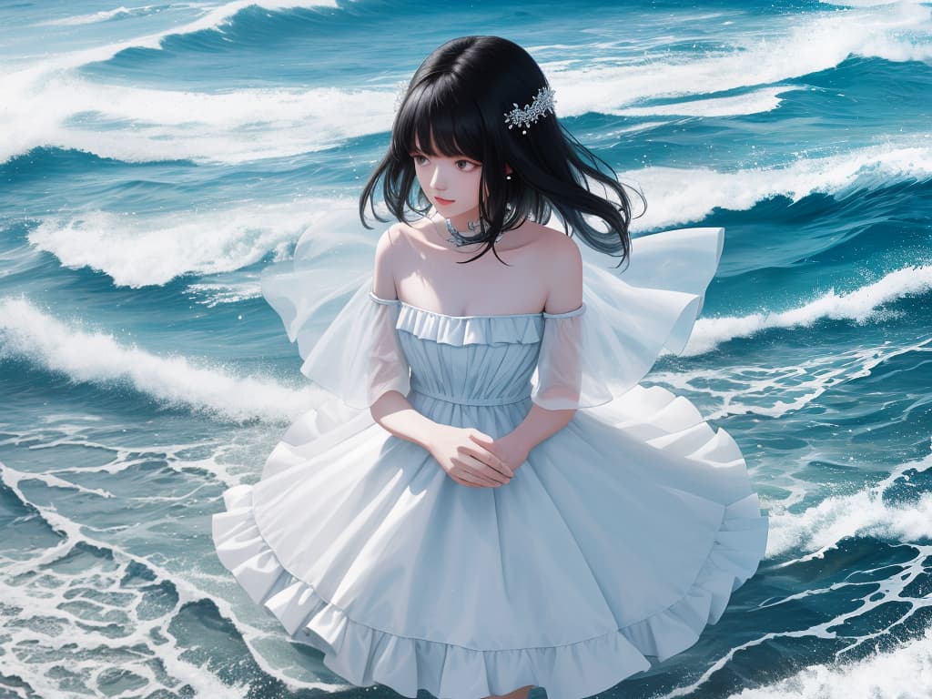  Girl, white dress, black hair, 1 person, sandy beach, blue, masterpiece, best quality,8k,ultra detailed,high resolution,an extremely delicate and beautiful,hyper detail