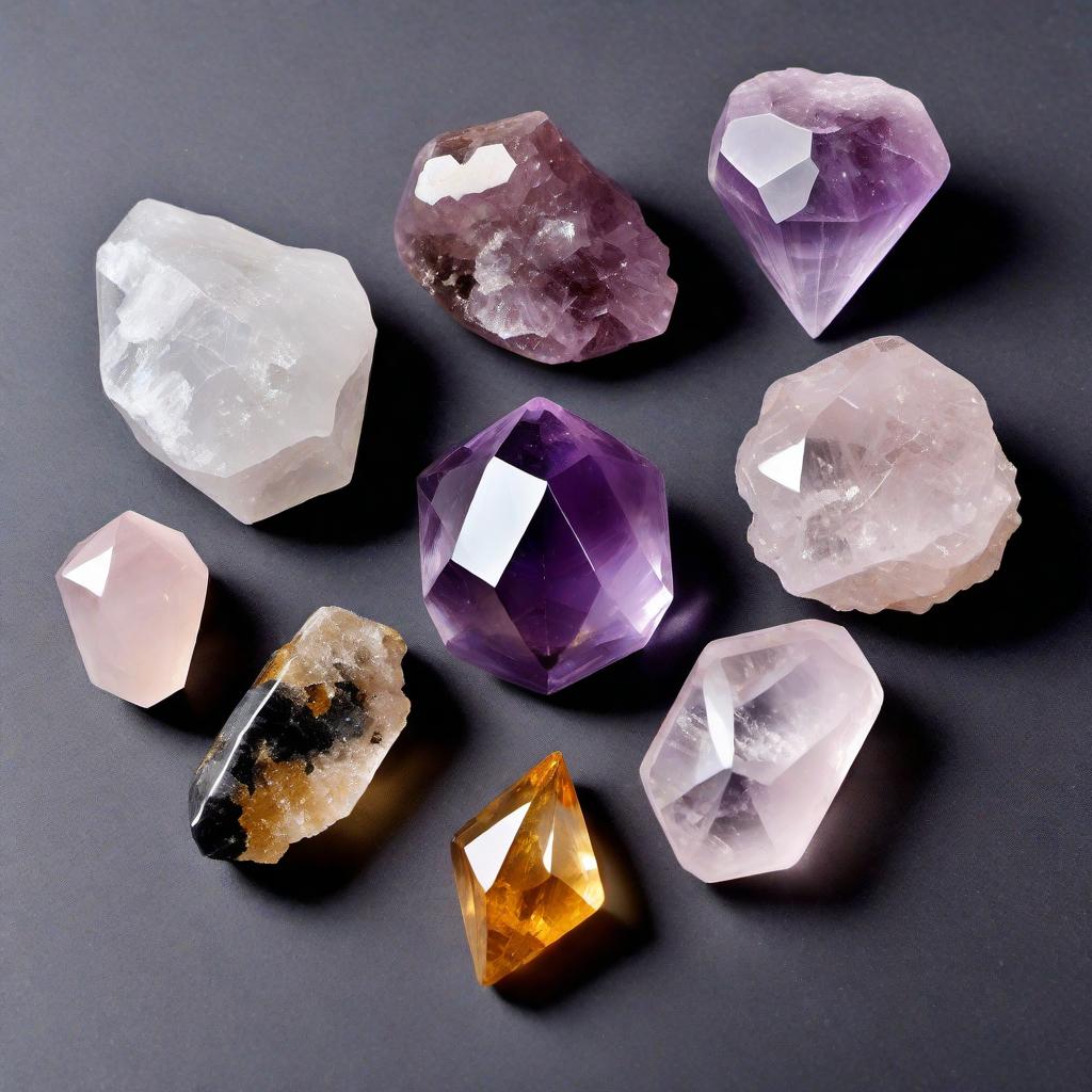  An image showcasing a collection of popular crystals with their names and associated benefits listed next to them. The crystals should include: Amethyst, Rose Quartz, Clear Quartz, Citrine, Black Tourmaline, and Tiger's Eye. Each crystal should be depicted in its typical, polished form with a visually appealing, soft pastel background. Each crystal will have a label and a brief description of the associated benefit: 1. Amethyst - Calming energy 2. Rose Quartz - Love and emotional healing 3. Clear Quartz - Master healer, amplifies energy 4. Citrine - Attracts wealth and prosperity 5. Black Tourmaline - Protects against negative energy 6. Tiger's Eye - Courage, strength, and protection. hyperrealistic, full body, detailed clothing, highly detailed, cinematic lighting, stunningly beautiful, intricate, sharp focus, f/1. 8, 85mm, (centered image composition), (professionally color graded), ((bright soft diffused light)), volumetric fog, trending on instagram, trending on tumblr, HDR 4K, 8K