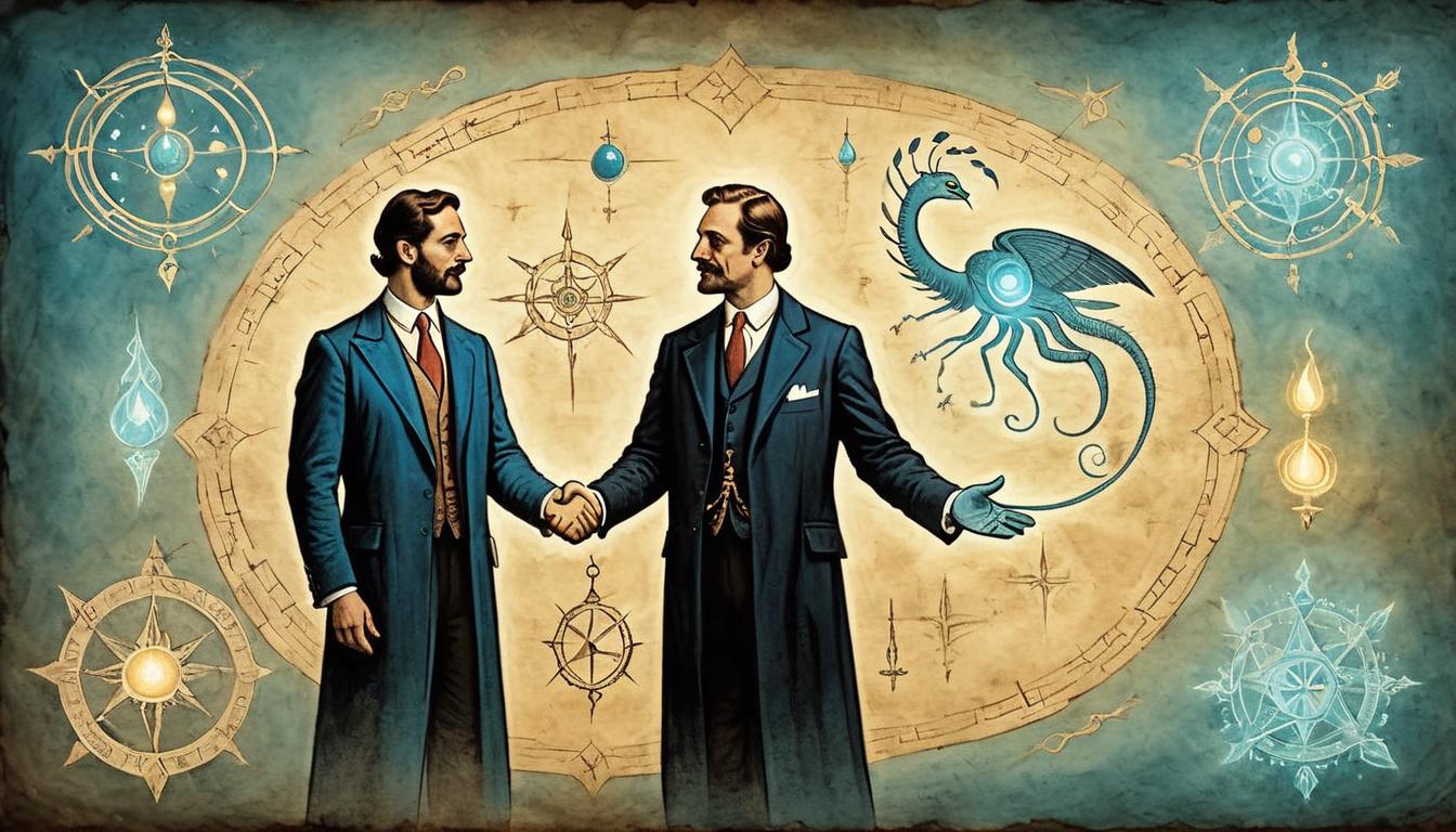  on parchment, surrealism+++, Two figures in professional attire shaking hands, glowing symbols around indicating wisdom transfer, professional, respectful(mysterious, provocative, symbolic,muted color)+++