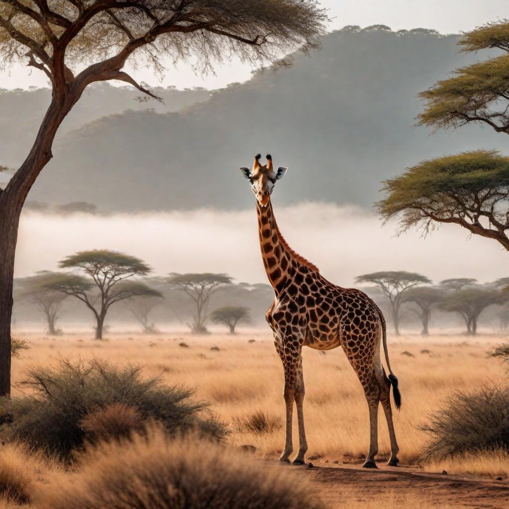  a picture of a giraffe in its natural habitat, standing tall and graceful with a beautiful savannah background hyperrealistic, full body, detailed clothing, highly detailed, cinematic lighting, stunningly beautiful, intricate, sharp focus, f/1. 8, 85mm, (centered image composition), (professionally color graded), ((bright soft diffused light)), volumetric fog, trending on instagram, trending on tumblr, HDR 4K, 8K