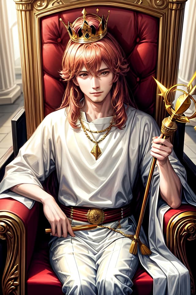  portrait of King, man, kings crown, sitting on the throne, holding a staff, 8k, high quality, masterpiece, best quality, hd, extremely detailed, lighthearted atmosphere, volumetric lighting, photorealistic