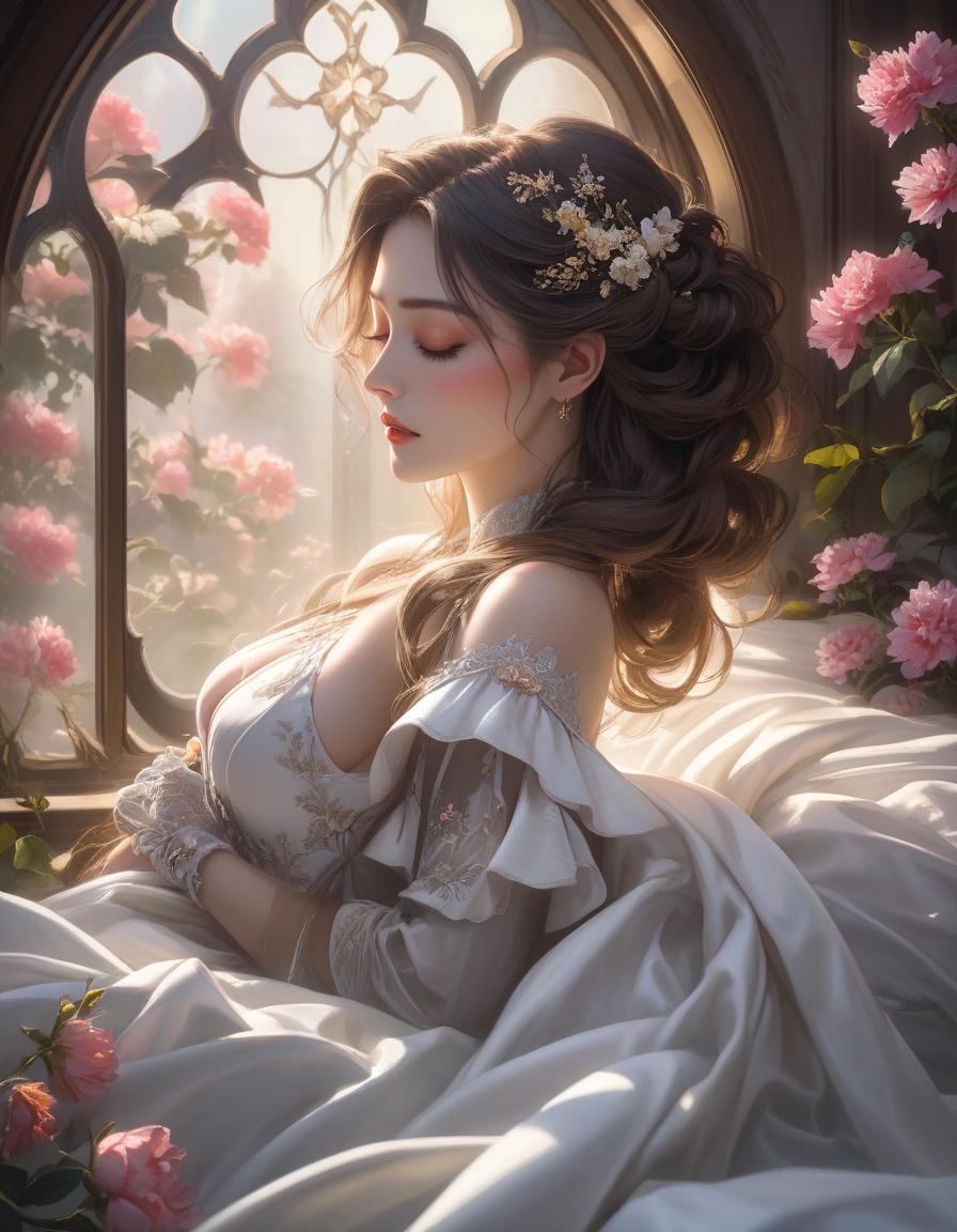  gothic style A woman is peacefully asleep amid white sheets and blooming flowers, with soft light streaming through a window. a woman laying on top of a bed next to a window, a photorealistic painting, inspired by Magali Villeneuve, trending on Artstation, fantasy art, girl in a bed of flowers, soft pale golden skin, portrait of a woman sleeping, in the early morning, jingna zhang . dark, mysterious, haunting, dramatic, ornate, detailed hyperrealistic, full body, detailed clothing, highly detailed, cinematic lighting, stunningly beautiful, intricate, sharp focus, f/1. 8, 85mm, (centered image composition), (professionally color graded), ((bright soft diffused light)), volumetric fog, trending on instagram, trending on tumblr, HDR 4K, 8K