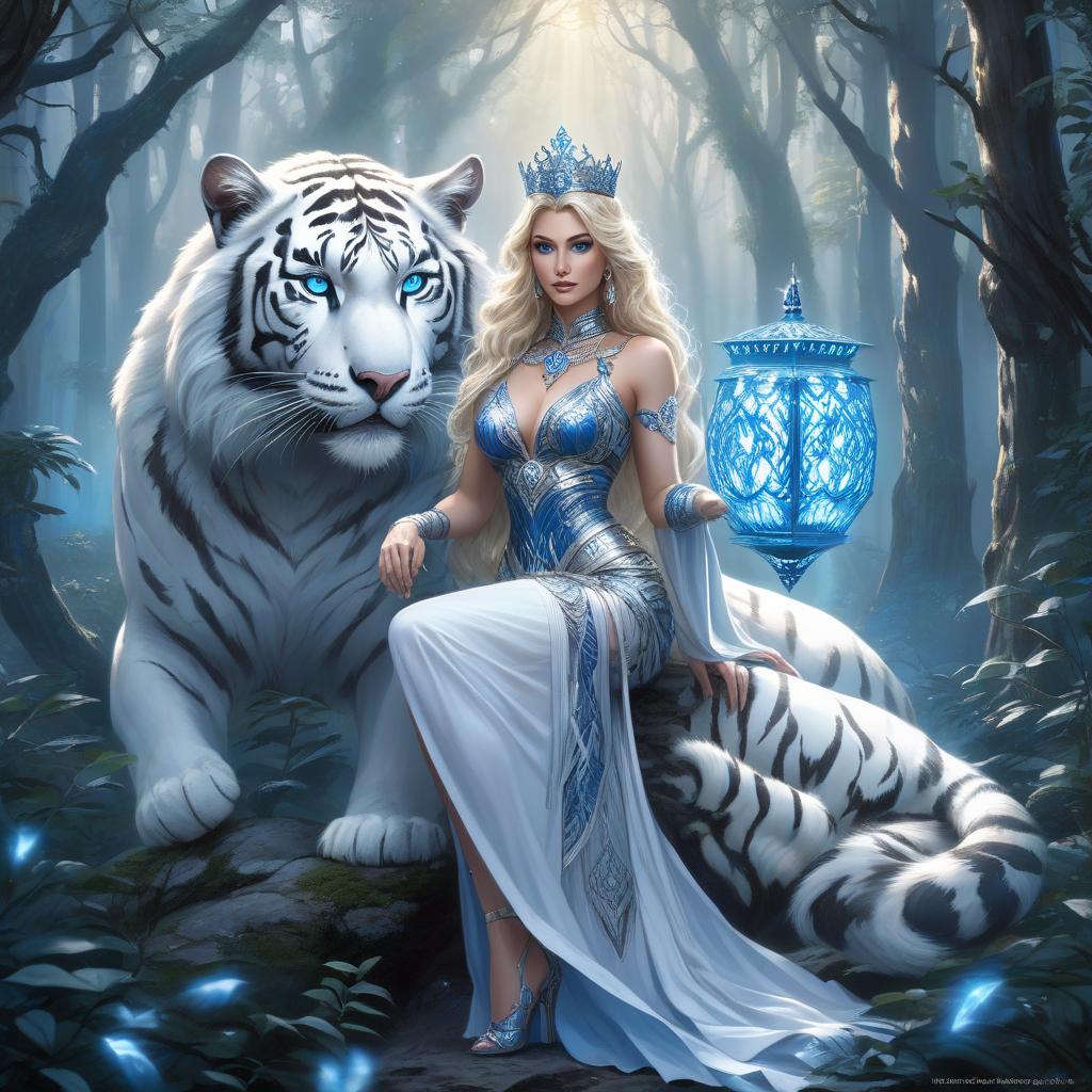  concept art A woman in an ornate dress and crown stands in a mystical forest with a white tiger, holding a glowing lantern. A fantasy themed image featuring a regal woman with long, curly, blonde hair adorned with an intricate, silver crown with a glowing blue gem. She is dressed in a detailed, silver and white armor like outfit. Beside her is a majestic white tiger with striking blue eyes, also bearing intricate decorations on its head. The background is a mystical forest with a glowing lantern, enhancing the otherworldly atmosphere. Style of Karol Bak an image of a white tiger and a woman with blue eyes sitting next to each, gorgeous goddess of leo, digital art fantasy art, fantasy art, beautiful fantasy maiden, beautiful fantasy art, bea hyperrealistic, full body, detailed clothing, highly detailed, cinematic lighting, stunningly beautiful, intricate, sharp focus, f/1. 8, 85mm, (centered image composition), (professionally color graded), ((bright soft diffused light)), volumetric fog, trending on instagram, trending on tumblr, HDR 4K, 8K