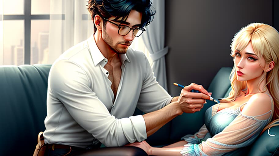  A young man, sitting on a sofa, embraces a woman with a pencil drawing., (Watercolor painting) soft colors ,fluid strokes ,transparent layers hyperrealistic, full body, detailed clothing, highly detailed, cinematic lighting, stunningly beautiful, intricate, sharp focus, f/1. 8, 85mm, (centered image composition), (professionally color graded), ((bright soft diffused light)), volumetric fog, trending on instagram, trending on tumblr, HDR 4K, 8K