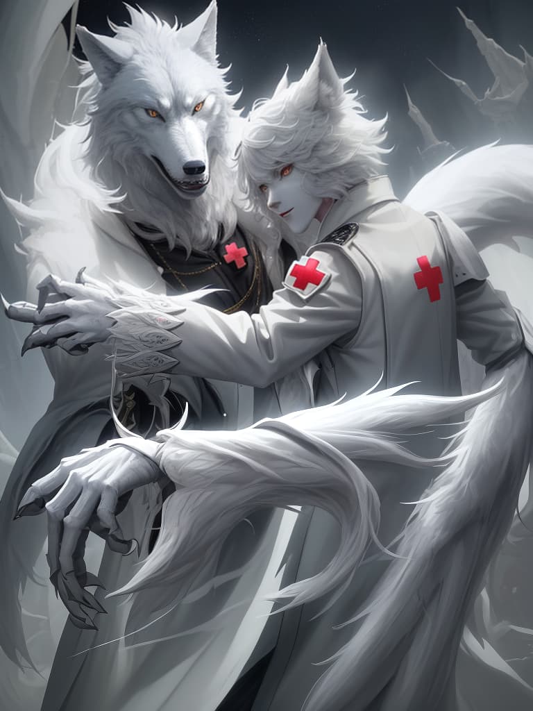  ((white werewolf only、anthropomorphic wolf only、1 man with the head of a wolf))、claw hands:1.2、from behind、looking back:1.2、(white trench coat with a red cross pattern on the back:1.2)、in dark night field、best quality:1.4、masterpiece:1.4、ultra detailed texture、RAW photorealistic、absurd resolution、8K illustration、💩、💩、💩、💩、💩、, masterpiece, best quality,8k,ultra detailed,high resolution,an extremely delicate and beautiful,hyper detail