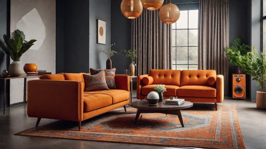  Create an image of a living room filled with colorful retro furniture and decorations, such as a vibrant orange couch, a geometric patterned rug, a record player on a retro stand, and mid century modern lamps. The room should exude a sense of nostalgia and warmth, evoking a feeling of stepping back in time to the 1960s or 1970s. additional guidelines  hyperrealistic, full body, detailed clothing, highly detailed, cinematic lighting, stunningly beautiful, intricate, sharp focus, f/1. 8, 85mm, (centered image composition), (professionally color graded), ((bright soft diffused light)), volumetric fog, trending on instagram, trending on tumblr, HDR 4K, 8K