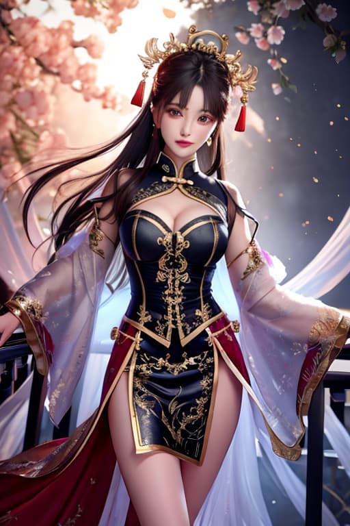  Chinese dress, slit, hole in chest, exposing legs hyperrealistic, full body, detailed clothing, highly detailed, cinematic lighting, stunningly beautiful, intricate, sharp focus, f/1. 8, 85mm, (centered image composition), (professionally color graded), ((bright soft diffused light)), volumetric fog, trending on instagram, trending on tumblr, HDR 4K, 8K