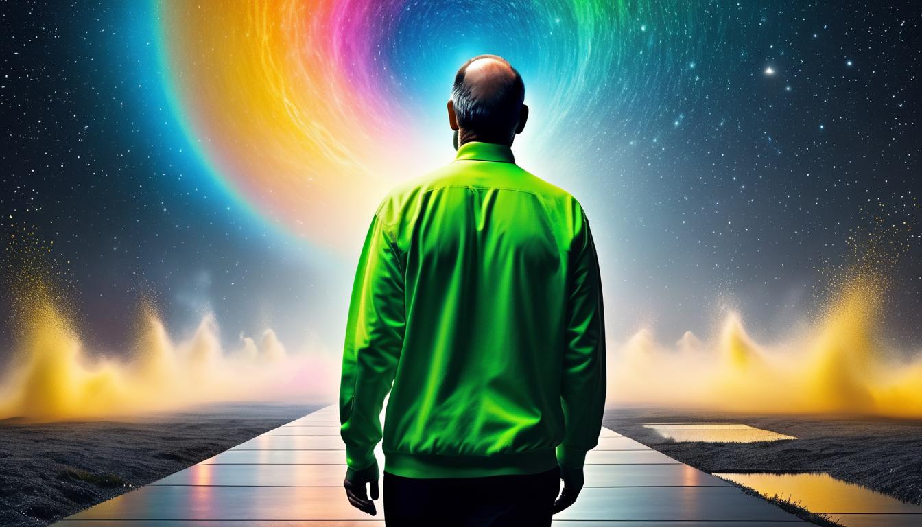  fluorescent dust, fluorescent spraypaint, fluorescent grain, fluorescent make up Steve Jobs walking away confidently from Apple headquarters, a symbolically heavy door closing behind him. His expression is one of quiet resolve and foresight. Celestial beings with watchful and encouraging expressions accompany him, atmosphere of detachment and independence.dust, cinematic film, best quality, high resolution, realistic, 8k, dynamic angle, serene, extremely detailed, absurdres particle effect, wonderful night dreamlike glowing masterpiece, celestial, detailed, realistic, image concept art, phenomenal mesmerise, maximalist,