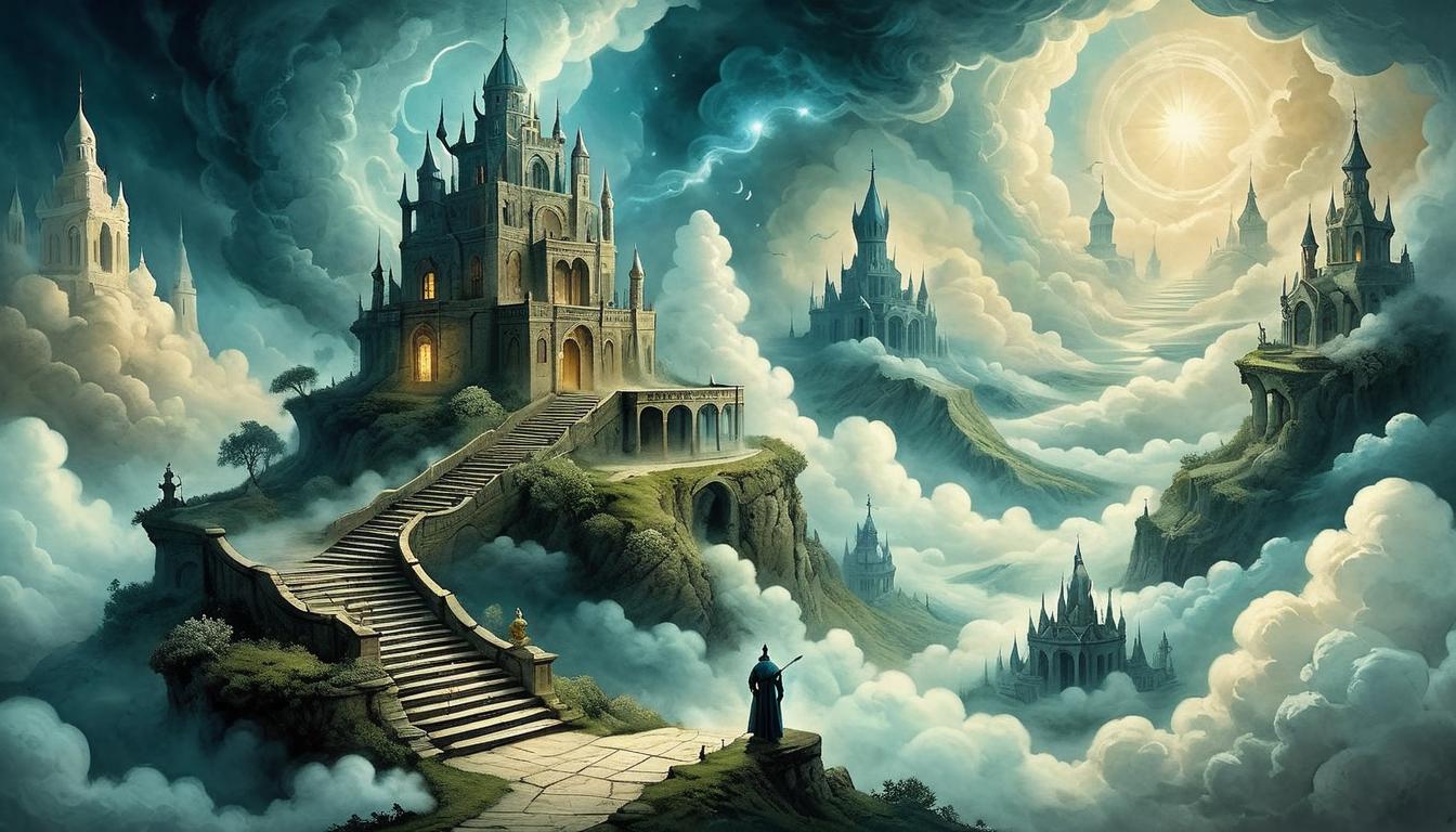  on parchment, surrealism+++, A stairway ascending into the clouds, each step glowing, aura of divine intention and extraordinary ascent(mysterious, provocative, symbolic,muted color)+++